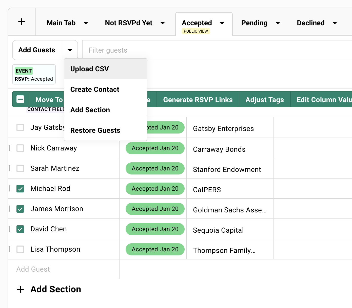 Showing the upload CSV option on a guest list